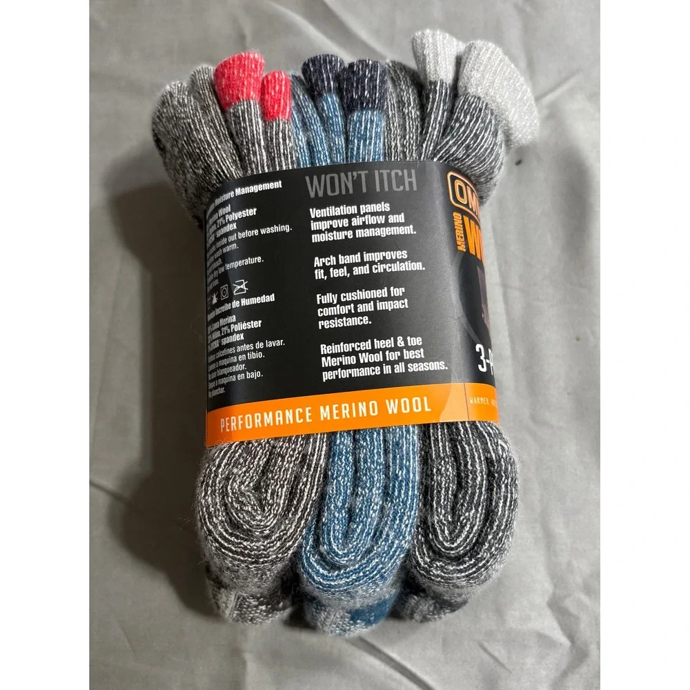 Omni-Wool Wool Tech Mid-Weight Hikers Merino Wool Socks 3-Pack Men 6-9 Wmn 7-10‎